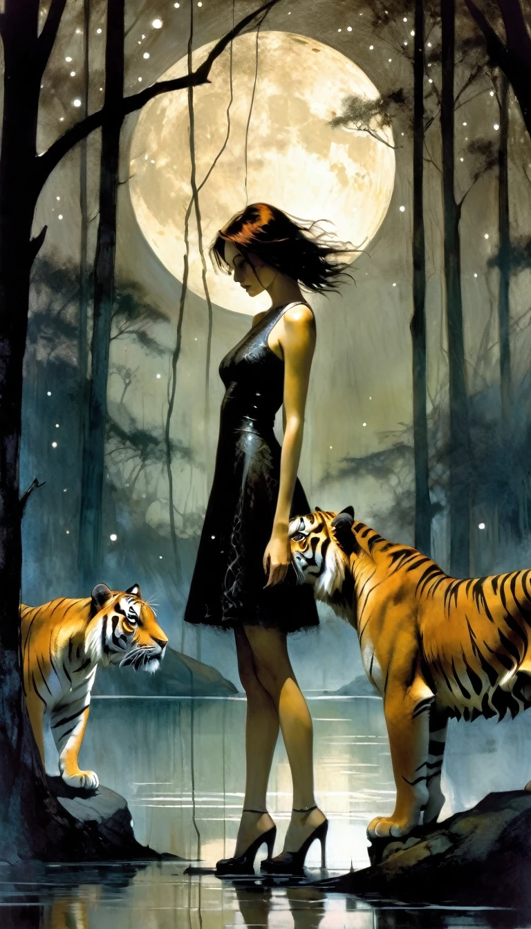 sexy girl and her pet tiger, sexy dress, next to a lake, a tree, a magical night with stars, loving eroticism, sexy, black and white image, between shadows, oil painting, chiaroscuro, sensual, dramatic lighting, moody atmosphere, photorealistic, intricate details, masterpiece, ultra-detailed, high quality, 8k, best quality, realistic, cinematic, dark and brooding, expressionistic, powerful composition, emotional impact, art inspired by Bill Sienkiewicz and Dave McKean
