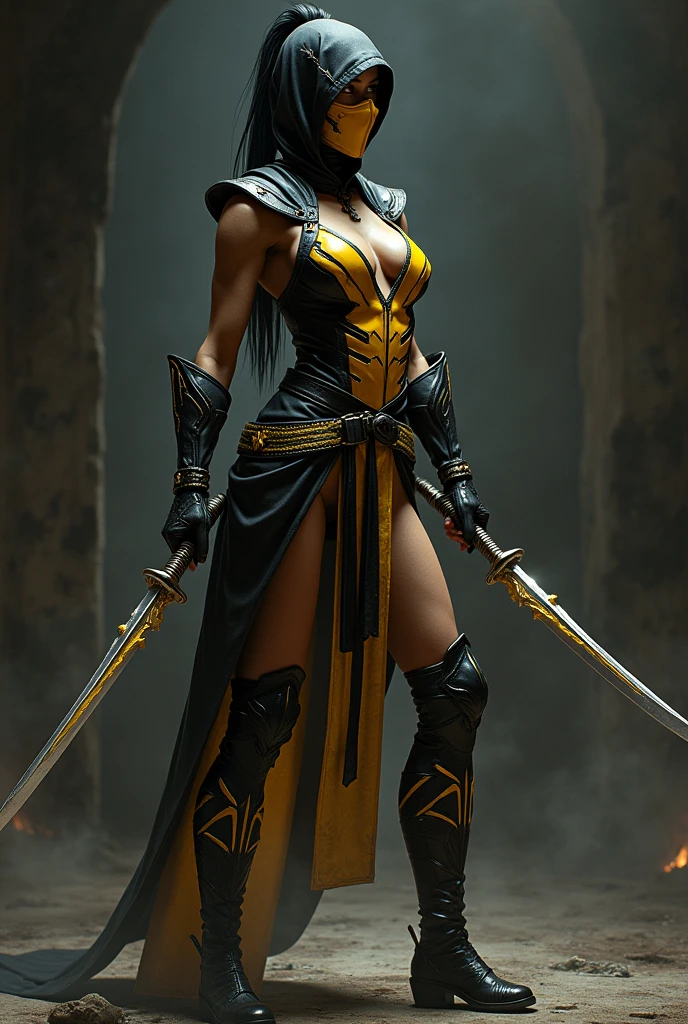 Scorpion Mortal Kombat female version on side with swords