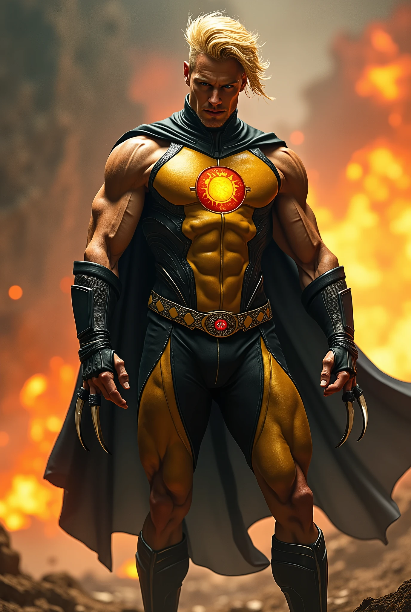 Nuclear man (superpowers, action movie, man, radiation, blonde, costume gold and black. Stylized sun Chest symbol, black cape, cut off sleeves, black arm guards, clawed hands


