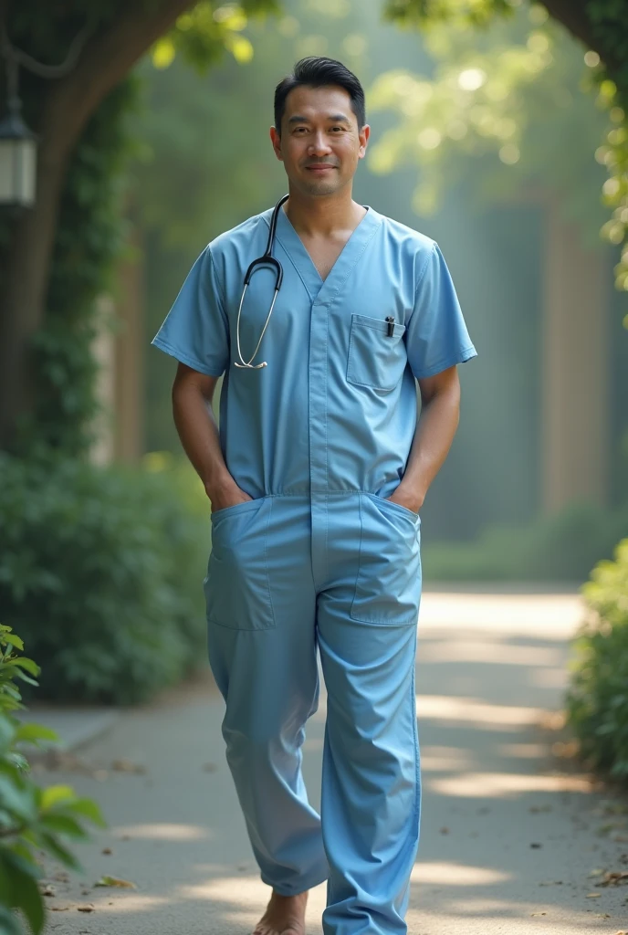 A white Caucasian man in his 40s, barefoot, facing forward. short black hair. Without beard. Wearing a light blue nurse-style overall. realist. In a spiritual environment. Without beard. Relaxed attitude with some movement in the arms. slight smile. Keep this image. Without beard. Without beard. no beard.