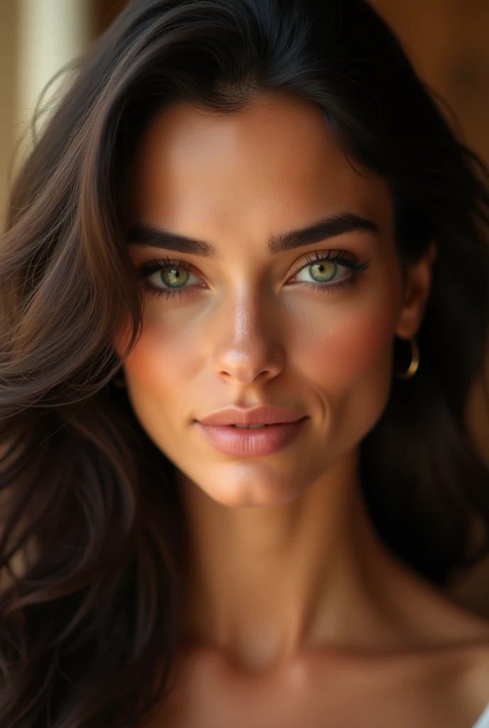 "A hyper-realistic photographic image that focuses on the face of a woman with a confident and attractive expression. The woman has dark, wavy hair that surrounds her face, adding depth to her appearance. Her eyes are a bright green, shaped of almond, and emit a direct and penetrating blow. His eyebrows are dark, well defined and perfectly arched, which gives him a strong and refined appearance. His skin is warm, tanned and soft, with a shine that suggests good health. Her lips are full, with a natural, pink tone, slightly parted as if she were in a moment of thought. The lighting is warm and soft, highlighting the contours of her face and highlighting the subtle details of her features, creating a sense of depth. and realism.