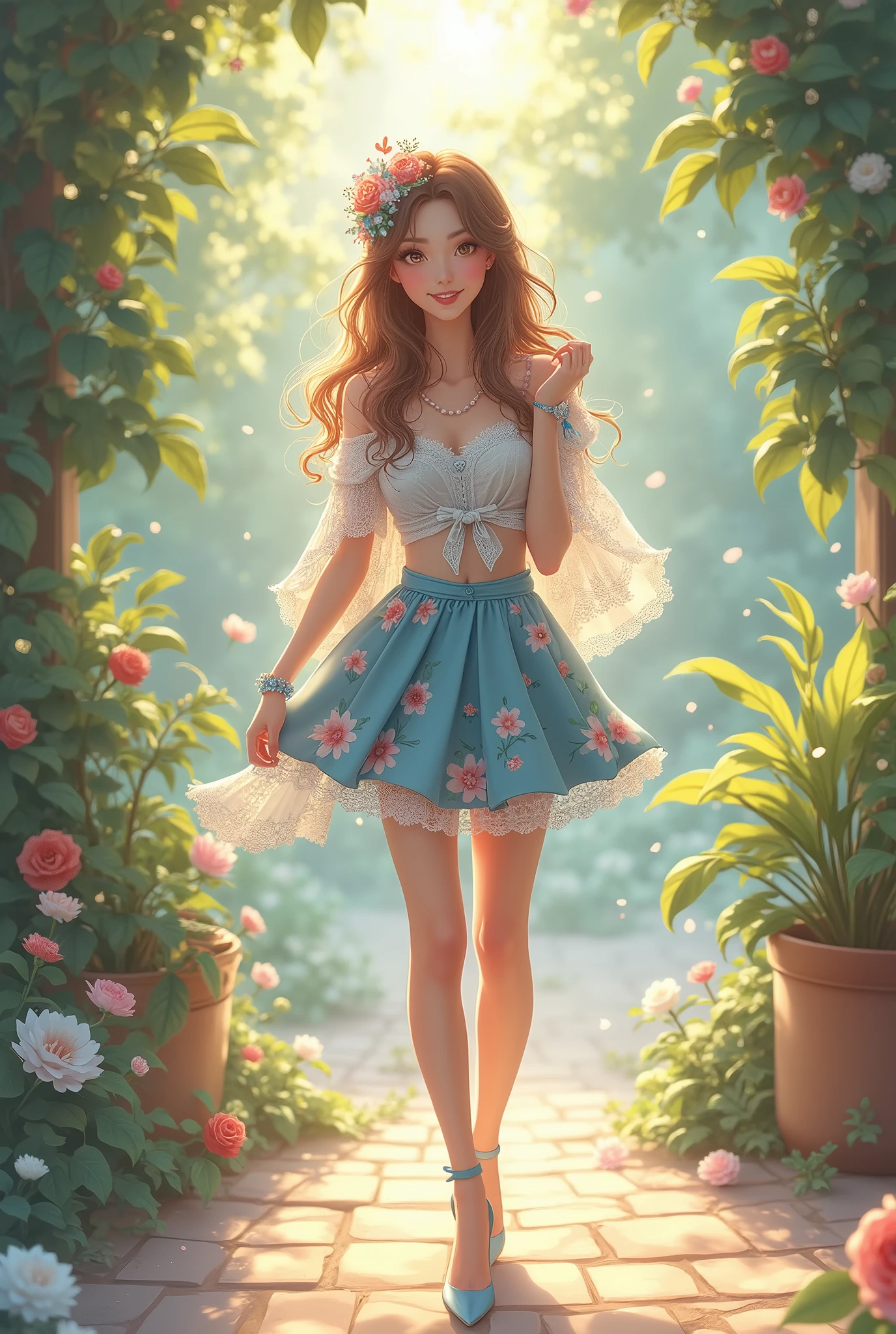 Ultra high quality,High heel,Lace Shawl,Smile,Sunlight,Blue floral skirt,Wear flowers on your head,charming,Ribbon,High heel,Long legs,student