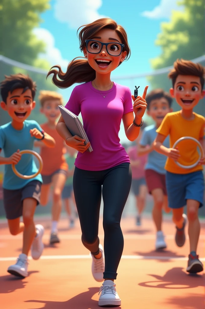 Create an image of students running around the court with a hoop in their hands, The physical education teacher, a woman with brown hair, a ponytail, glasses, black pants, and a fuchsia shirt named YADIRA, with her notebook and whistle, giving instructions 