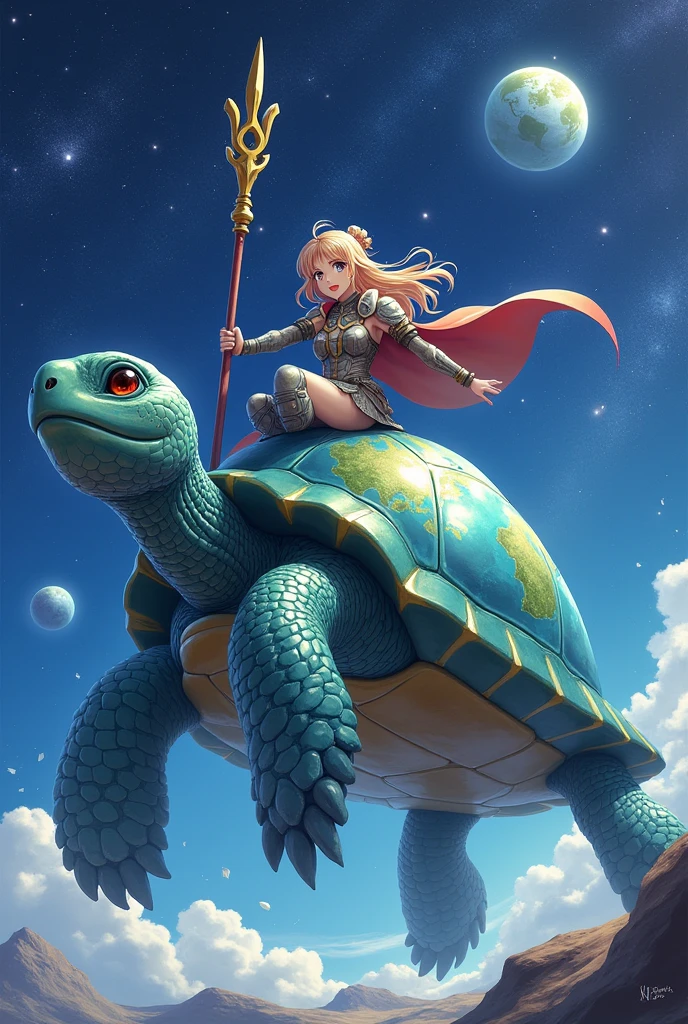 (Pictureanime) A magical turtle that has a Earth as its shell, with a anime girl on it. The girl has a cape and Staff and somewhat armored. 
the turtle should be the main forcus and the girl can be seen on its head riding it. There should be no clouds or anything since they are in the middle of the galaxy and the background include stars and a planet representing what the turtles element is. Since its Earth the turtle should be almost water based like an elemental and they should be facing us
