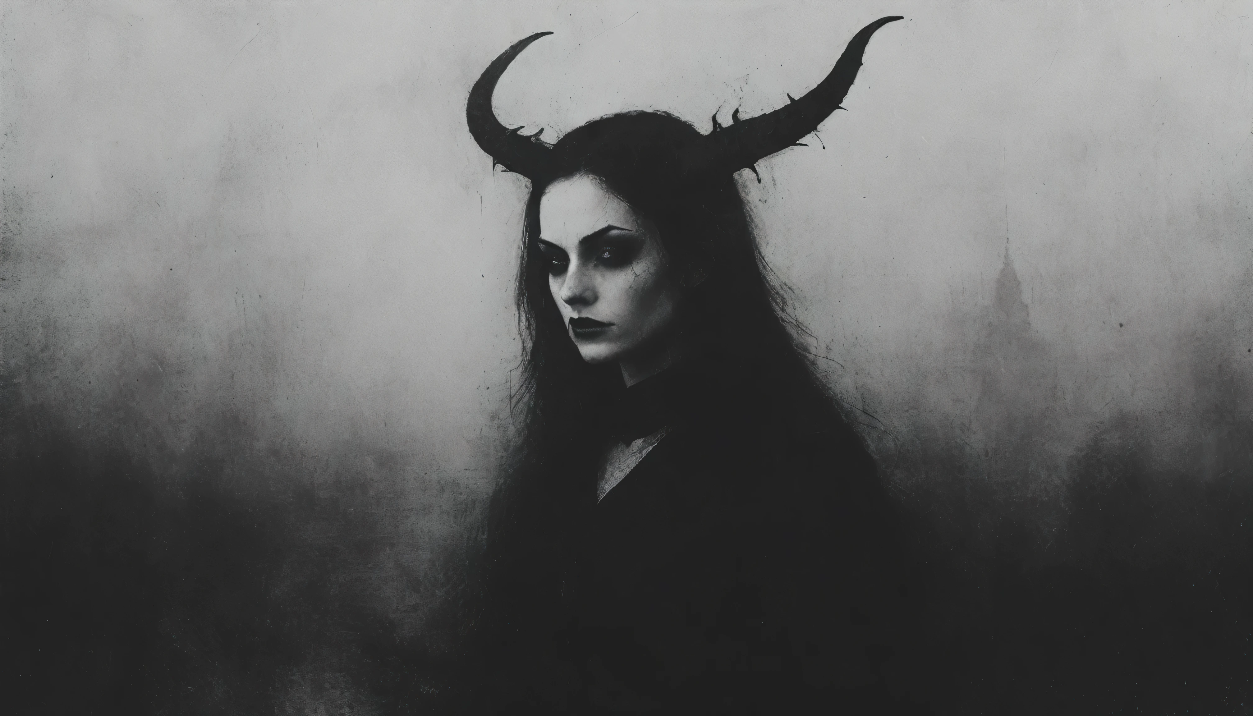 a painting of a holy succubus with horns, chiasmus, gloves, gothic dress, vampire the masquerade bloodlines, incredible art, gloomy background, nimbus, church ragged vestments, darksketch, close-up even more with a seductive stare.