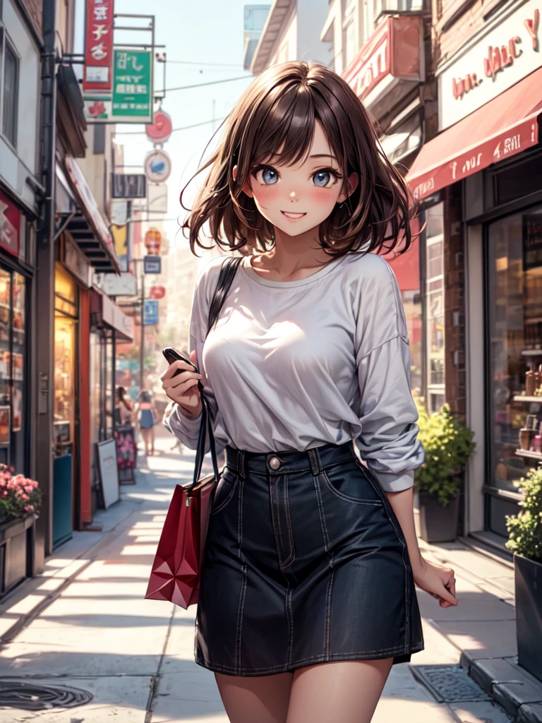 1 girl brown hair at the roots and the bottom of the hair is pink. ojos verdes y pelo corto rizado. Camiseta azul como ropa estilo cyberpunk. She smiles with a flushed face. ojos verdes oliva. lleva gafas azules oscuro