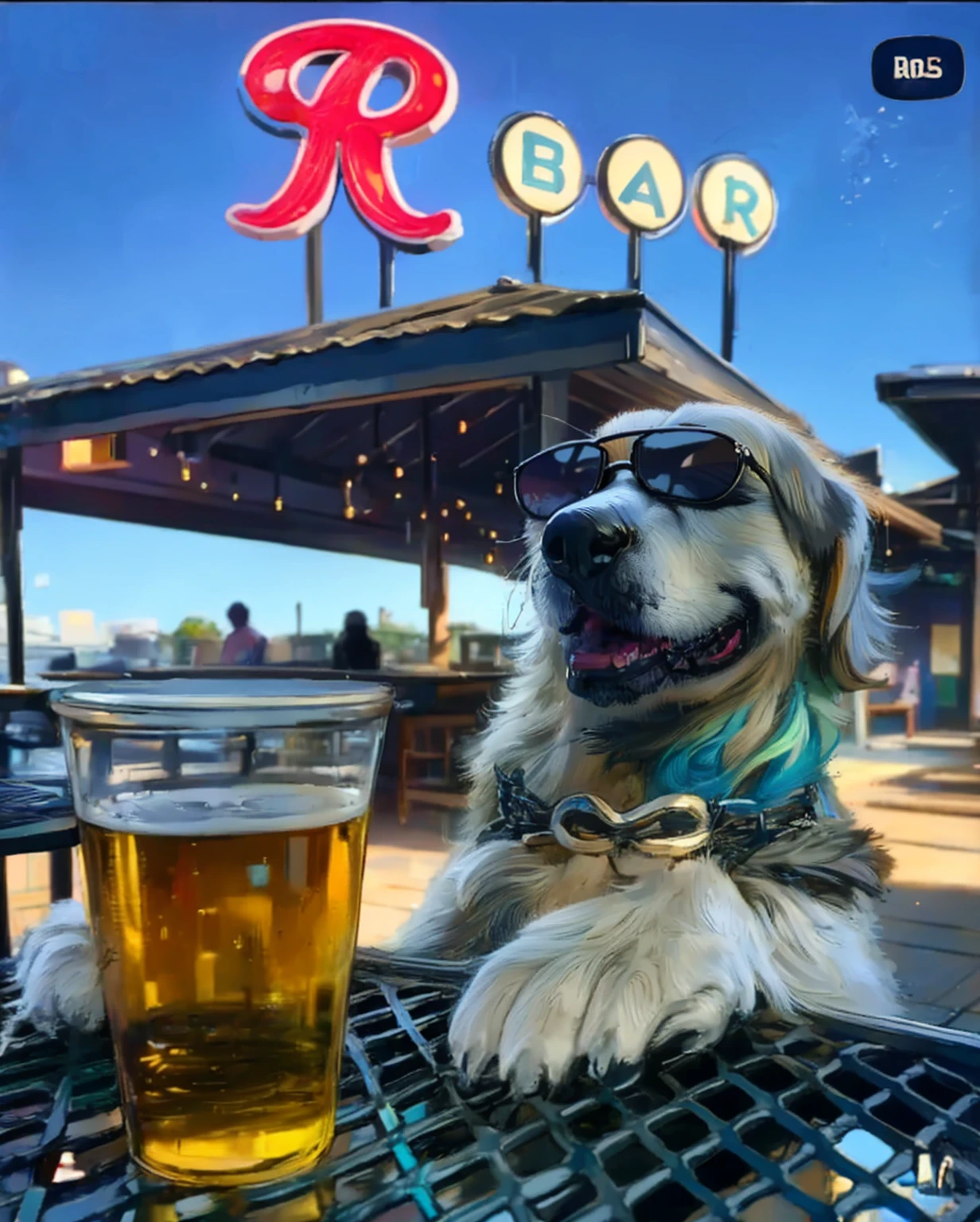 Create a fun and creative shirt print inspired by the image of a golden retriever dog in sunglasses, relaxing at an outdoor bar with a beer on the table, cartoon style. The design should capture the relaxed, happy vibe of the scene, highlighting the dog as the main character with a touch of humor and style. Use vibrant colors for the background, such as blue and yellow, and add graphic elements such as gold chains and neon details that bring a modern, cool style. The design should be perfect for an oversized streetwear shirt, appealing to a young and stylish audience.