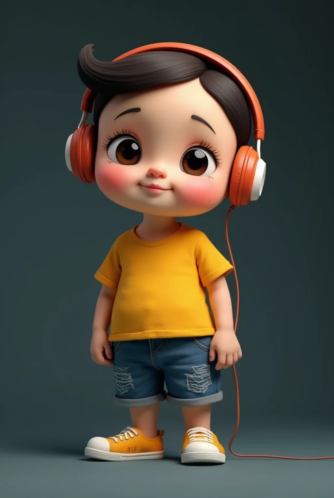 The image features a stylized, cartoon-like figure that resembles a human with a simplistic design. The character has large, round eyes and a small mouth, giving it an innocent or child-like appearance. It is wearing a yellow top with short sleeves and blue denim shorts, which are detailed to show a textured pattern. On the figure's head, there appears to be a pair of headphones with a black band. The background is plain and dark, providing a stark contrast that makes the character stand out prominently.
