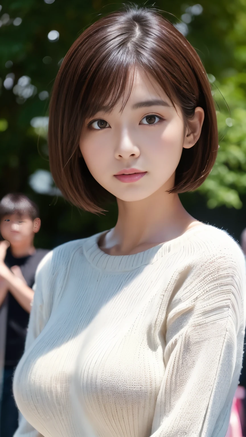 (Highest quality、8k、32K、masterpiece)、Japanese Beauty、((Big Breasts))、Very short bob hair、Upper body、Face Focus、Cotton sweater、Simple Background、Looking at the audience