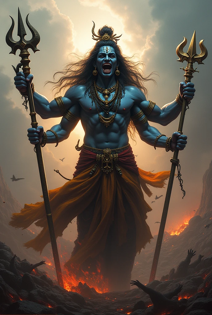 Image of the god Shiva with four arms super angry, detailed with a background of corpses and an intimidating face