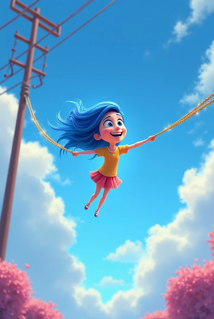 Create an imagen of Joy of inside out hanging from an electric wire from one polo to the other