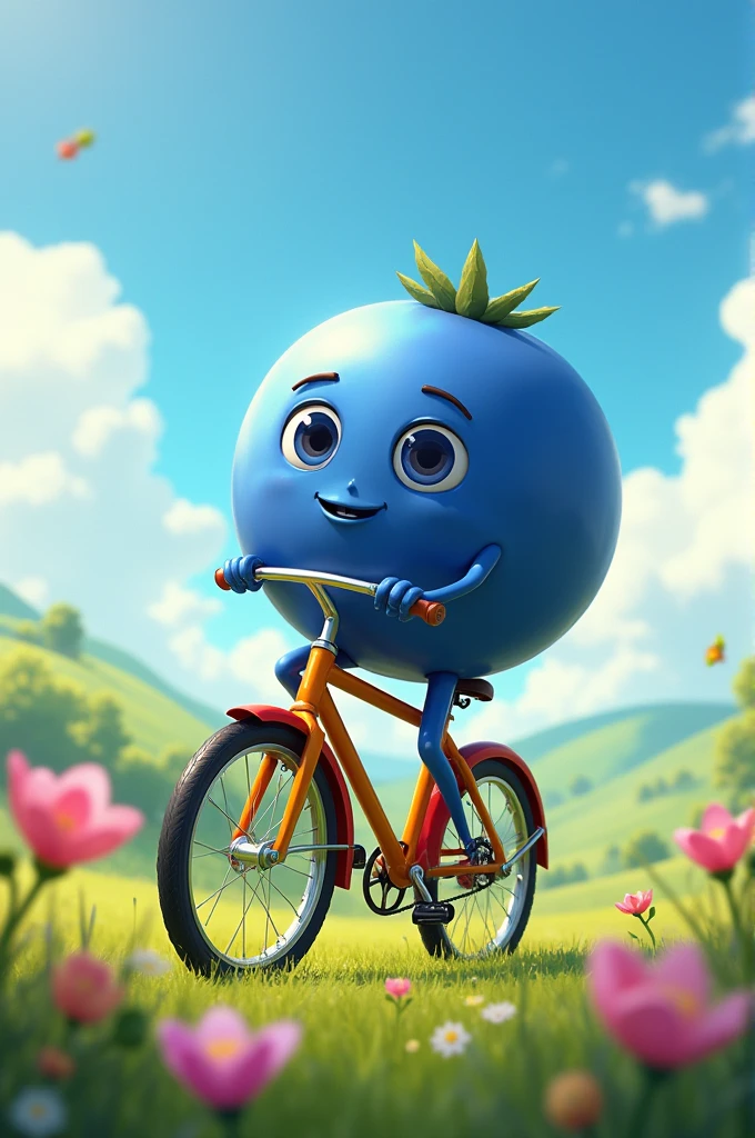 Blueberry riding a bike through the meadow 