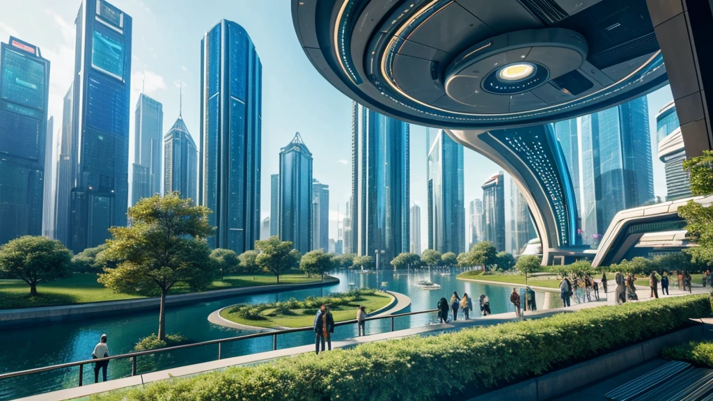 scifi, beautyful futuristic park, architectual, organic skyscraper, space design, cyberpunk, futuristic, lake, people, hightech, hard-surface design, daylight, much tech, much electronic, very cozy, ambient light, realistic view, wide angle, year 2224