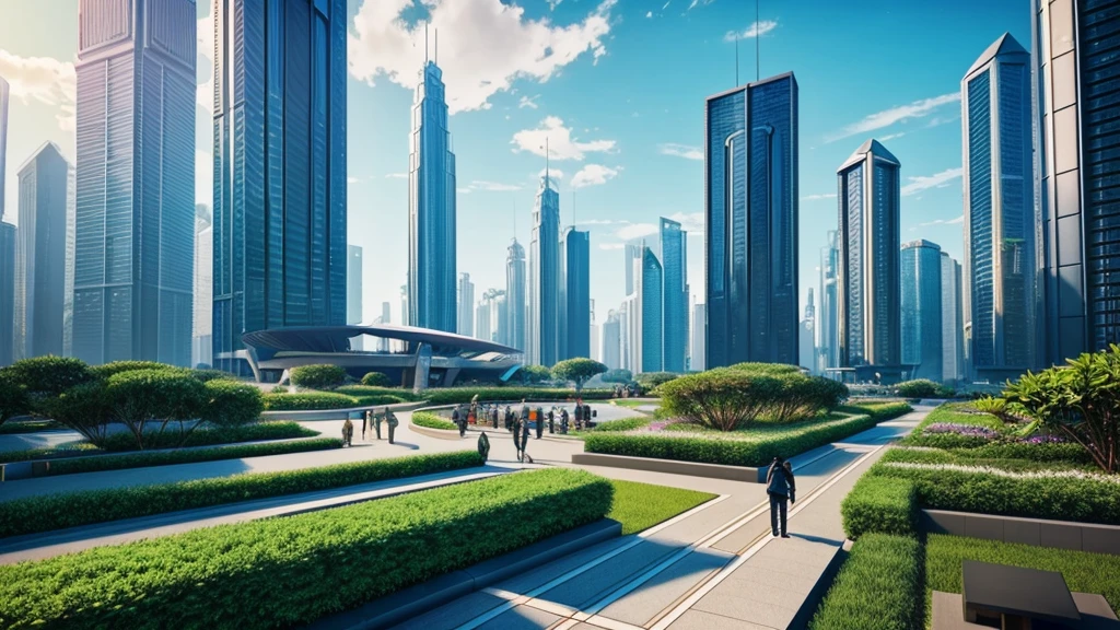 scifi, beautyful futuristic park, architectual, organic skyscraper, space design, cyberpunk, futuristic, lake, people, hightech, hard-surface design, daylight, much tech, much electronic, very cozy, ambient light, realistic view, wide angle, year 2224