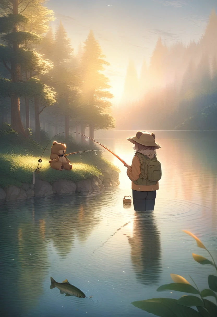 ((Masterpiece)), ((Best Quality)), (Very Detailed), ((Very Detailed)), 4K, (8K), very aesthetic, absurdres highres, 1 woman, (anthropomorphic Bear, furry, kemono:1.5), A scene where a fisherman is holding a fishing rod and catching a fish on the shore of a lake where the warm light of the setting sun shines through. The angler is wearing a fishing hat, fishing vest, long sleeve shirt and pants. The fishing rod has a detailed depiction of the reel, fishing line, and hook. The fish I caught was a trout, and its scales reflected the light and sparkled. A lush green forest spreads out in the background, and the water is clear and flowing quietly.