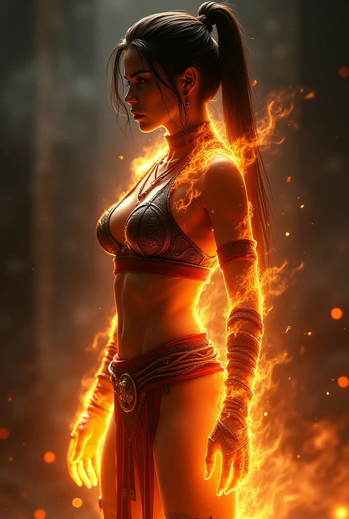 Scorpion Mortal Kombat female version from the side with flaming body
