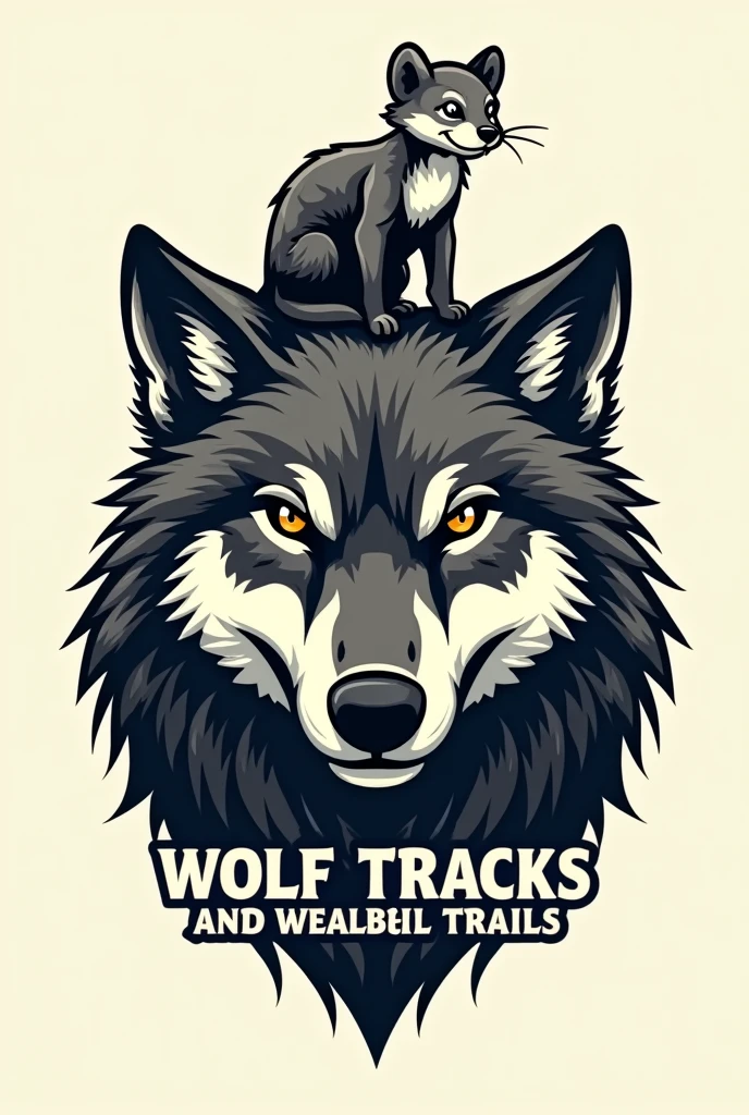 can you make a logo with a weasel on top of a wolf and the leyend "wolf tracks and weasel trails"