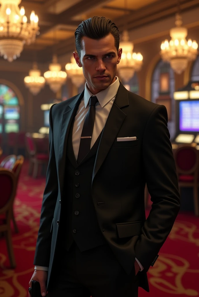 Create an image of a gangster in the casino character with fair skin and straight hair