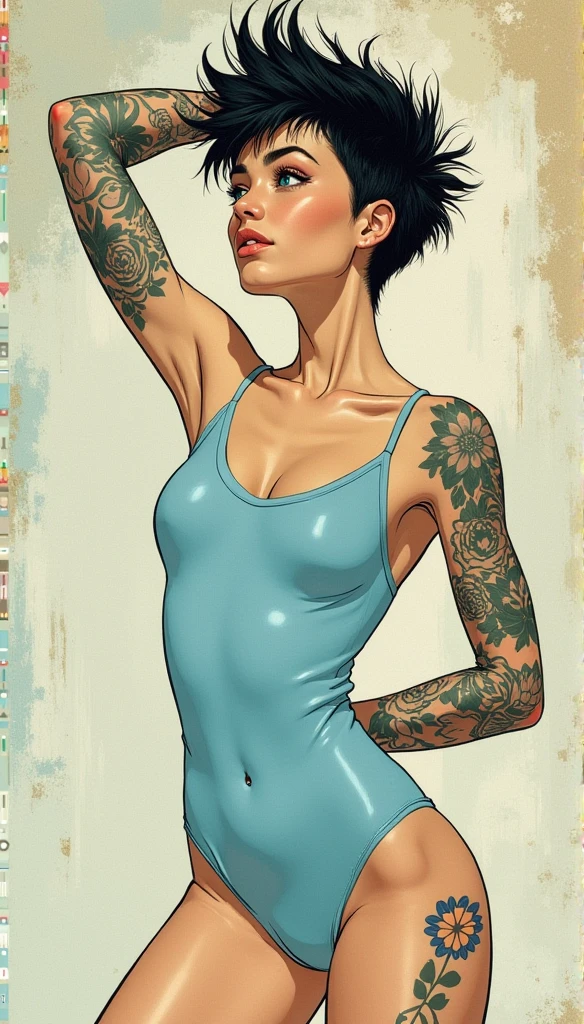 Short stoner girl, Match Face And Tattoos In Reference Image:1.5, (short green mohawk, blue accented hair with undercut sides and back:1.4), smoking cannabis:1.3, brown eyes, 32C-cup tits:1.3, large naked saggy tits:1.3, huge nipples:1.2, stretch marks:1.5, cannabis smoke, small skull and heart lineart tattoo on left collarbone:1.3, getting fucked rough:1.3, looking up at you, large penis:1.3, orgasm face:1.3, moaning:1.3, vaginal sex:1.5, missionary sex:1.3, vaginal penetration:1.3, Large flopping tits:1.5, action shot of flopping saggy tits:1.5 COMPLETELY NUDE:1.5
