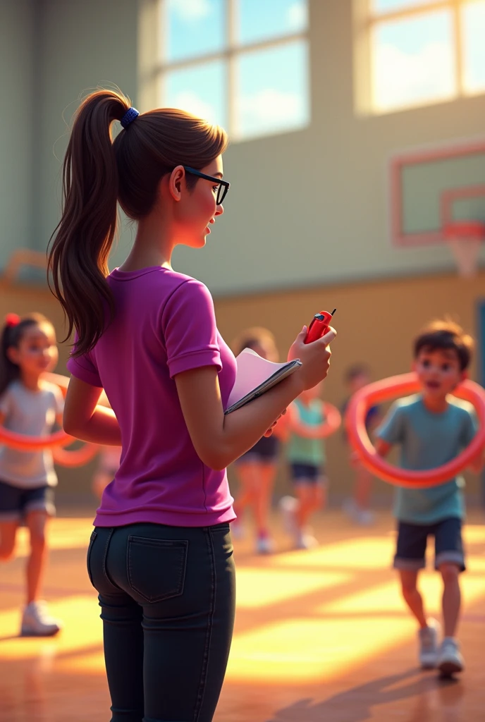 Create an image of students running around the court with a large hoop in their hands., The physical education teacher, a woman with brown hair, a ponytail, glasses, black pants, and a fuchsia shirt named YADIRA, with her notebook and whistle, giving instructions