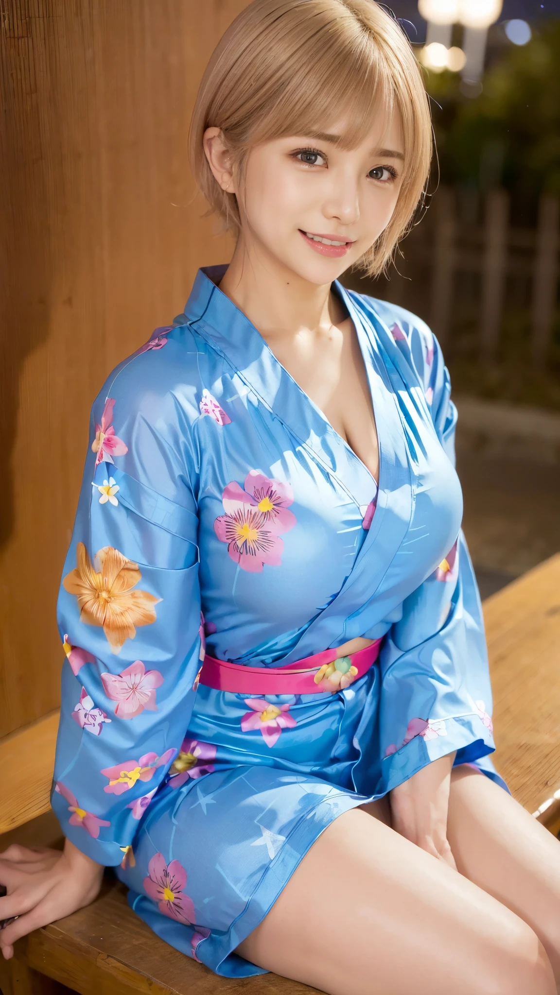 (Best Quality, 8k, 32k, Masterpiece, UHD: 1.2), 1 girl, beautiful Japan woman, slender waist, beautiful woman with perfect style: 1.4, big: 1.3, fine face, smile, inn, short yukata, chest, blonde