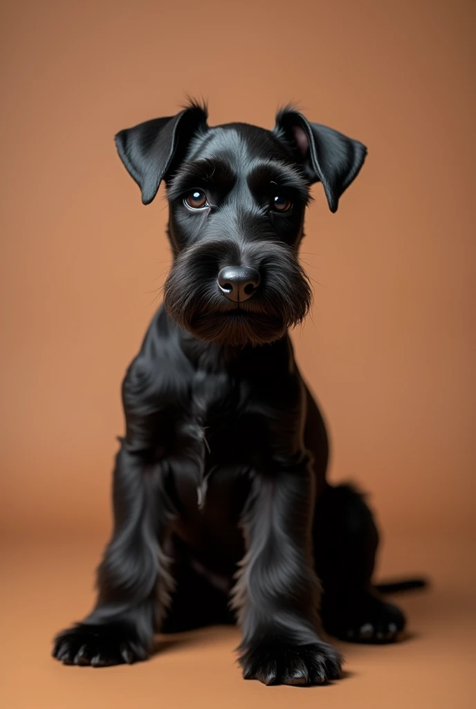 a beautiful Schnauzer dog, sitting facing forward, he is black, slightly puppy, isolated on a brown background