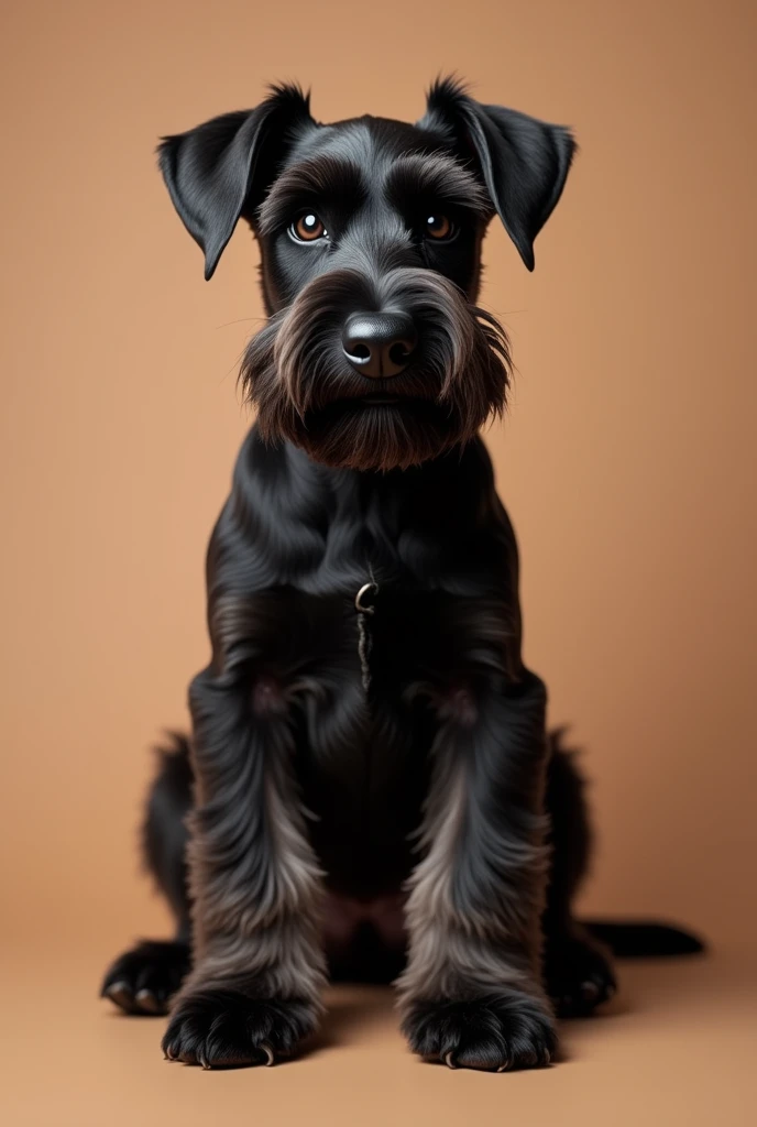 a beautiful Schnauzer dog, sitting facing forward, he is black, slightly puppy, isolated on a brown background