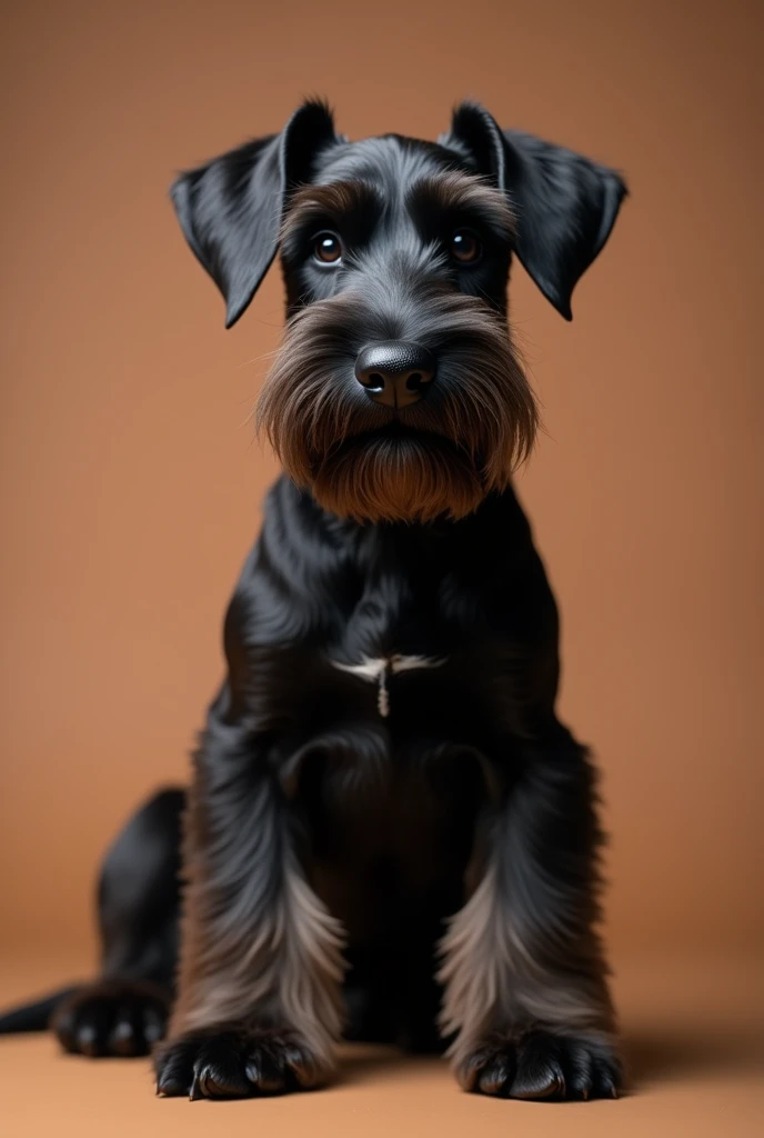 a beautiful Schnauzer dog, sitting facing forward, he is black, slightly puppy, isolated on a brown background