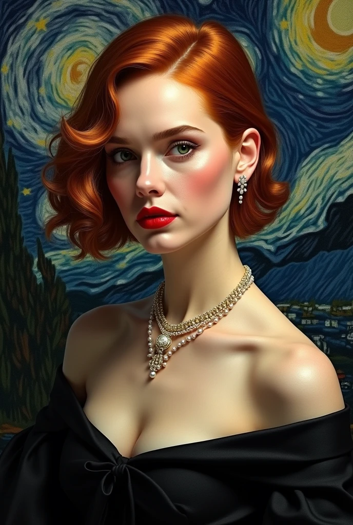 (Very detailed CG ユニティ 8k 壁紙),(masterpiece), (Highest quality), (Very detailed), (Best illustrations),(Best Shadow), Natalie Portman, Oil, Renaissance, Leonardo da Vinci, model, Modern Style, Modern Fashion, Idol, Nice, Short hair red pearl necklace, earrings, modern makeup, Red lipstick, Starry Night, Black Star Dress, ring, Defined strokes