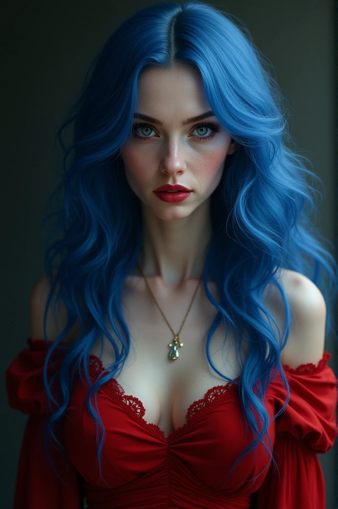 Woman with long blue hair wearing a blood red dress