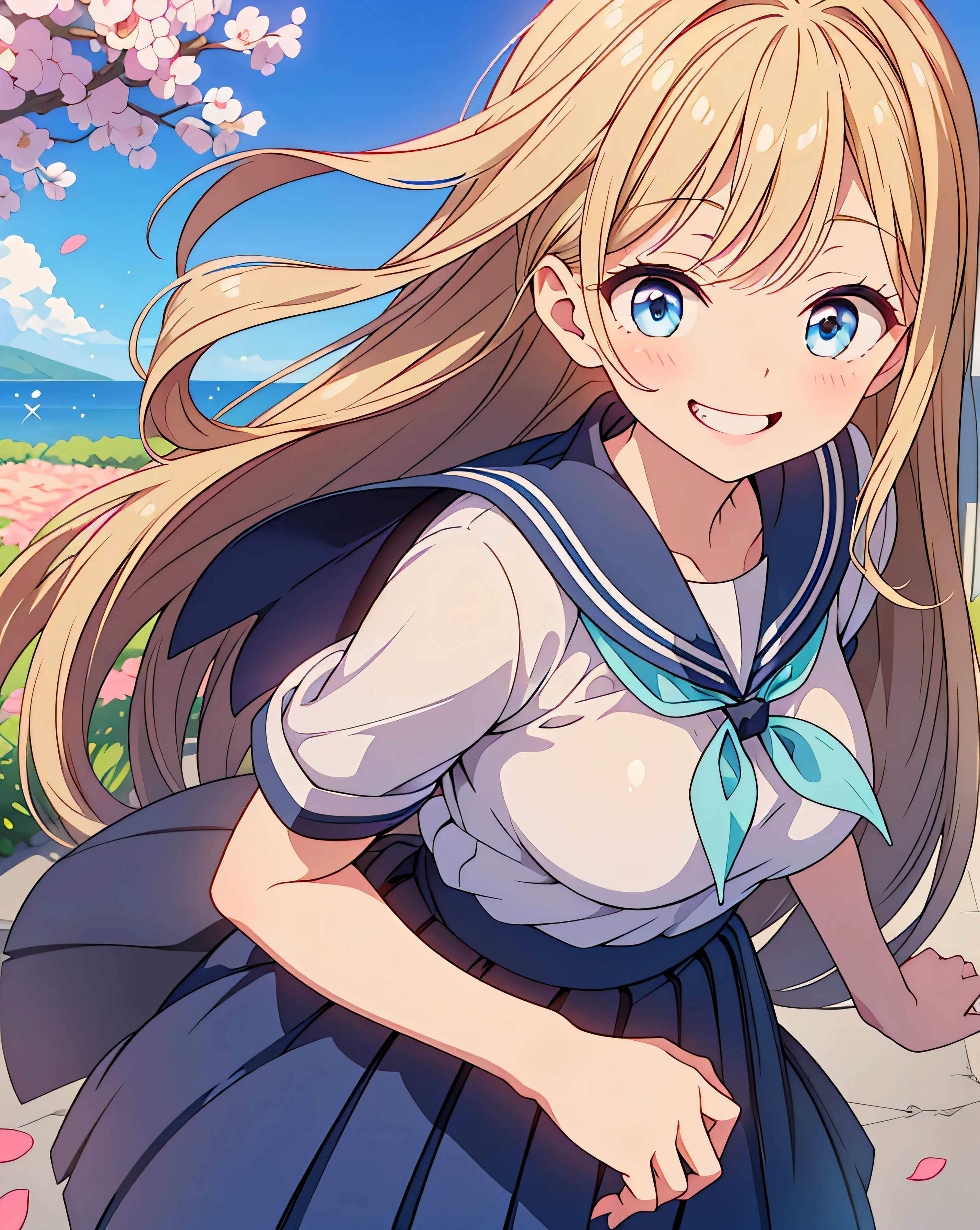 Highest quality, 32K, High resolution, masterpiece:1.5, A cute Japanese, Cute anime-style illustration, Rich emotional expression, An exceptionally beautiful face, , Perfect Human Anatomy, Big light blue eyes, Motherhood and generosity, Deep Love, Wake up, Expressing emotions, Have a rich imagination, Cute Japan, Perfect Human Anatomy, Magical big eyes, Motherhood and generosity, Deep Love, ((A mischievous smile:1.6)), Shiny Blonde, Super long straight silk hair swaying in the wind, Asymmetrical bangs, Hair between the eyes, Transparent, soft white skin, Sharp eyebrows, Thin lashes, Natural Makeup, Cheek highlighter, Detailed and cute lips, (Short-sleeved sailor uniform:1.3), ((Navy blue pleated skirt:1.1)), Slim figure with ample breasts, Beautifully detailed skies, ((Vibrant petal effect:1.2)), mysterious