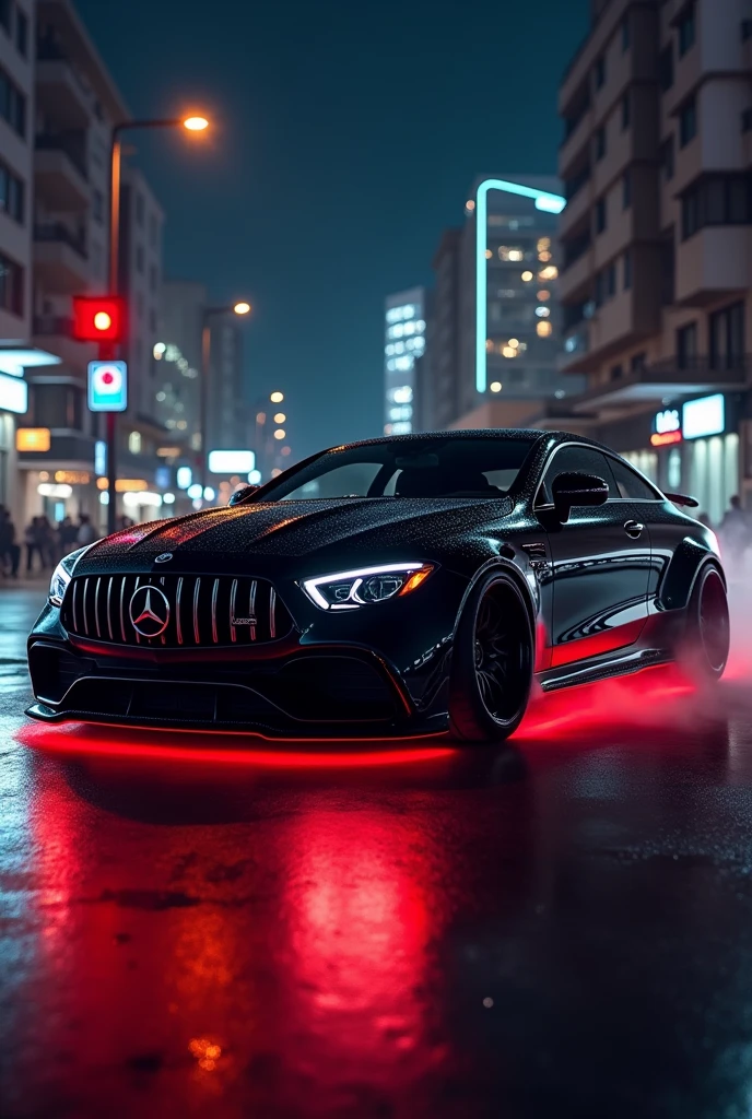 can u make an all black mercedes amg cls in the night with dark windows in the tirana city albania with body kit red neon under the car wheels smoking and an albania flag attached on the car mirrors