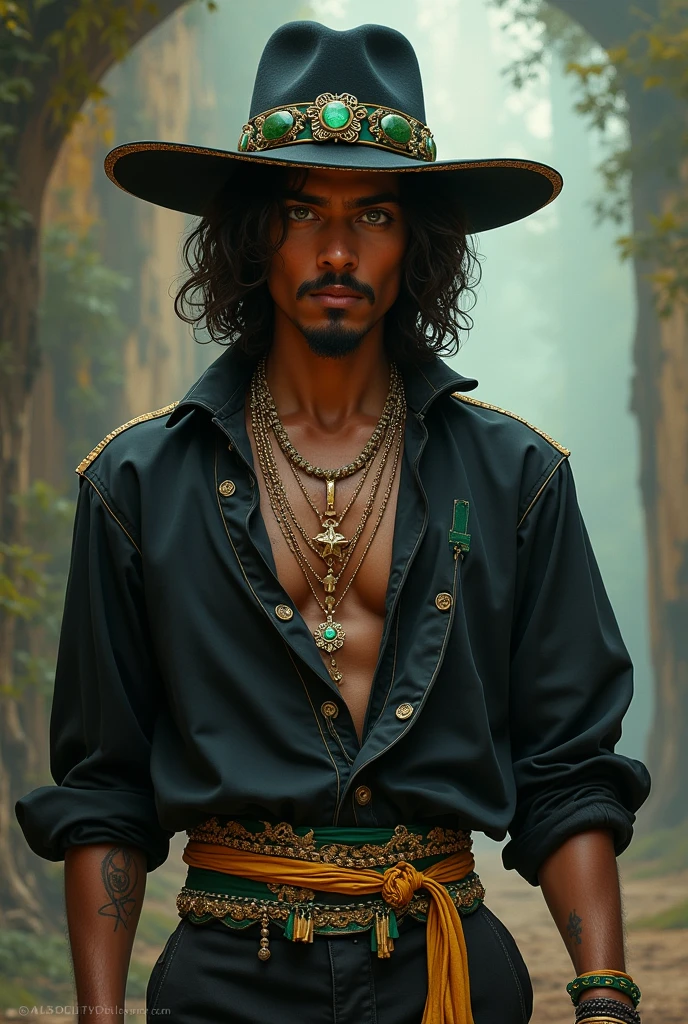 Create a young 25-year-old gypsy man with dark brown skin, 1.73 tall, greenish brown eyes, goatee, shoulder-length wavy hair, his pants are black with a gold stripe, his shirt is black with emerald green in gold details, black banana with gold, white Panama hat with green band. Its cord is gold with a star-shaped pendant with a green turquoise stone in the middle.