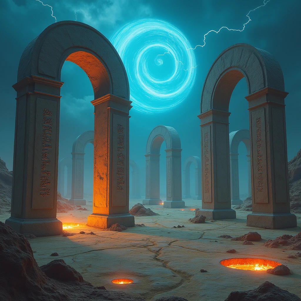 in a lightning lit desert with firey ground holes in a field of stone arched doors with stone cryptic writing on the top of the door with a blue swirling portal 