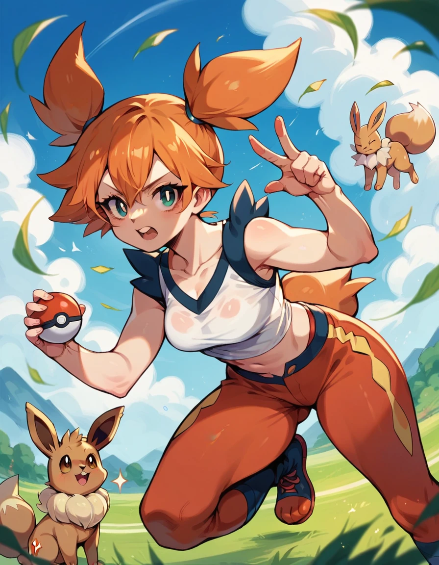 1 pokemon trainer kasumi, she would be surrounded by her 3 pokemons, um cinderace, 1 champion and 1 eevee, She is in a field training her Pokemons