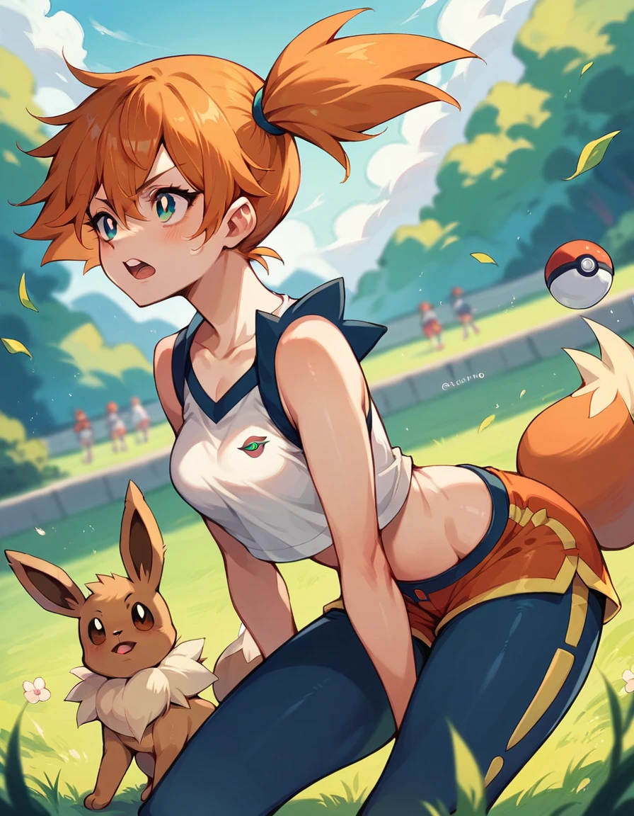 Vivid colors,Brown Hair,Big collar、A garment with an open chest design,Exposed breasts,Pants with no fabric in the crotch area,Exposed pussy,（beige skin,Beige breasts,Beige thighs,Pink nipples,）Light blue eyes,A picture of a woman holding a monster ball, Pokemon Misty, Gainax Anime Style, Also, Masamune Shirow, Inspired by Rei Kamoi, inspired by Un'ichi Hiratsuka, Singey, Cool pose, dramatic Grin pose, Female protagonist 👀 :8, Grin, rei hiroe