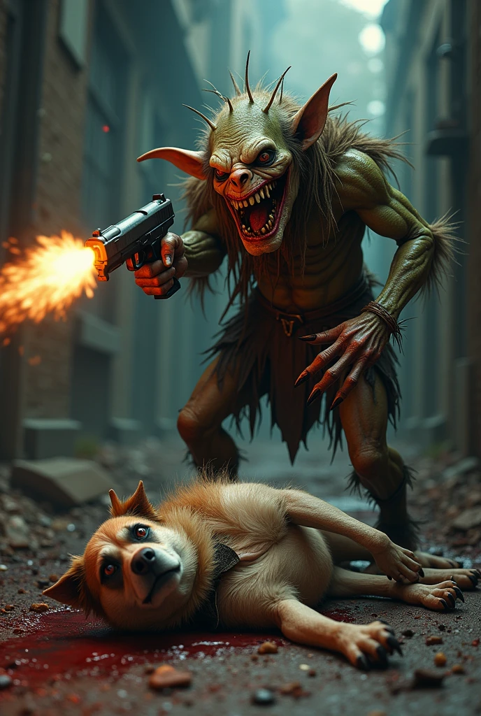 Goblin with a gun killing a dog uncensored