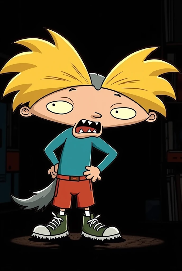 Arnold Shortman from Hey Arnold As a werewolf with fur a wolf head ,tail, and wolf ears,fangs and ripped shoes