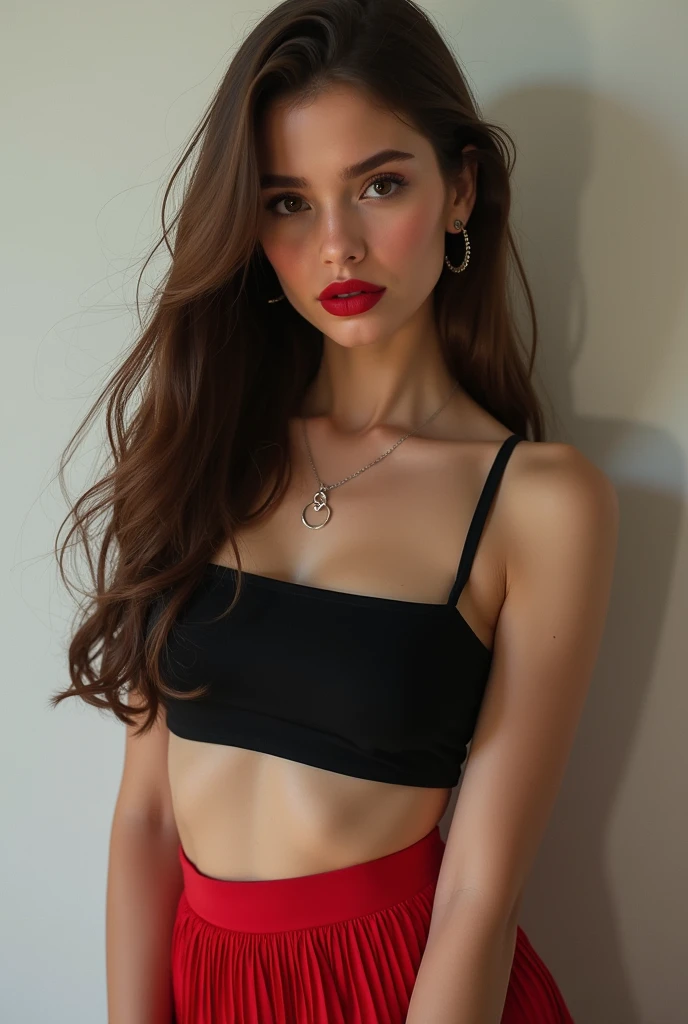 long straight brown hair, crop, pleated mini skirt, girl, red lips