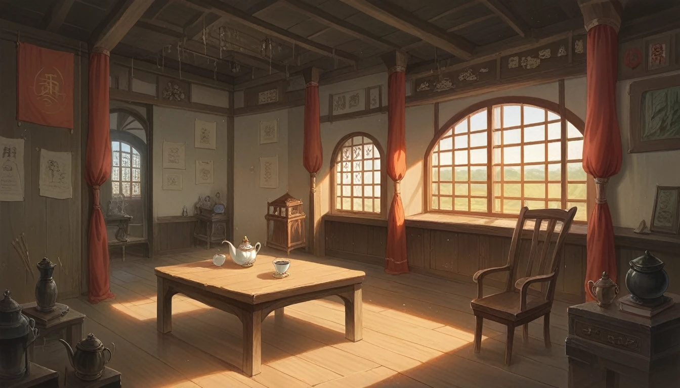There is a table and two chairs in the room, There is another window。, Illustrations inspired by Dong Yuan, shutter, Folk Art, Interior Background Art, Traditional Korean interior decoration, Personal room background, Living room background, Ancient indoor tent background, Tea Ceremony Scene, Detailed scenery —width 672, Zen temple background, Room interior, Asian interior design, chiaroscuro, depth of field, cinematic lighting, god rays, best quality, UHD, highres, super detail