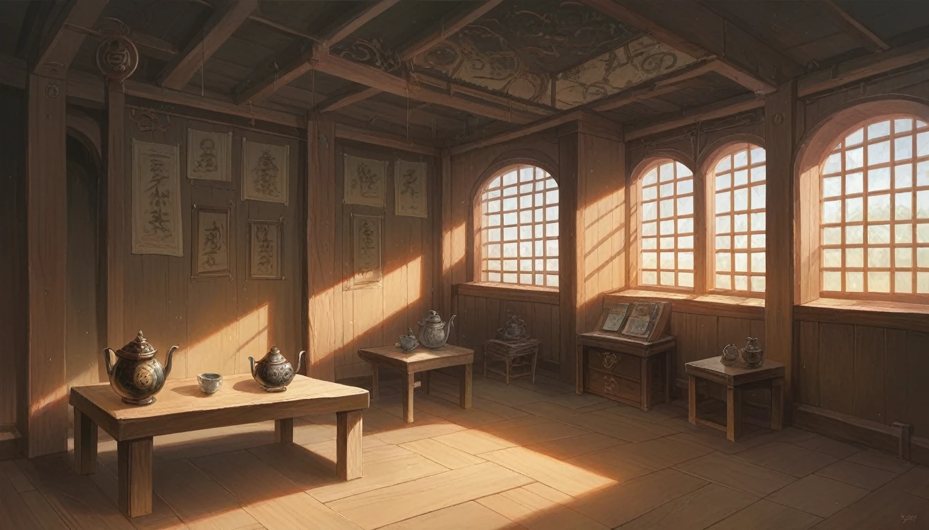 There is a table and two chairs in the room, There is another window。, Illustrations inspired by Dong Yuan, shutter, Folk Art, Interior Background Art, Traditional Korean interior decoration, Personal room background, Living room background, Ancient indoor tent background, Tea Ceremony Scene, Detailed scenery —width 672, Zen temple background, Room interior, Asian interior design, chiaroscuro, depth of field, cinematic lighting, god rays, best quality, UHD, highres, super detail