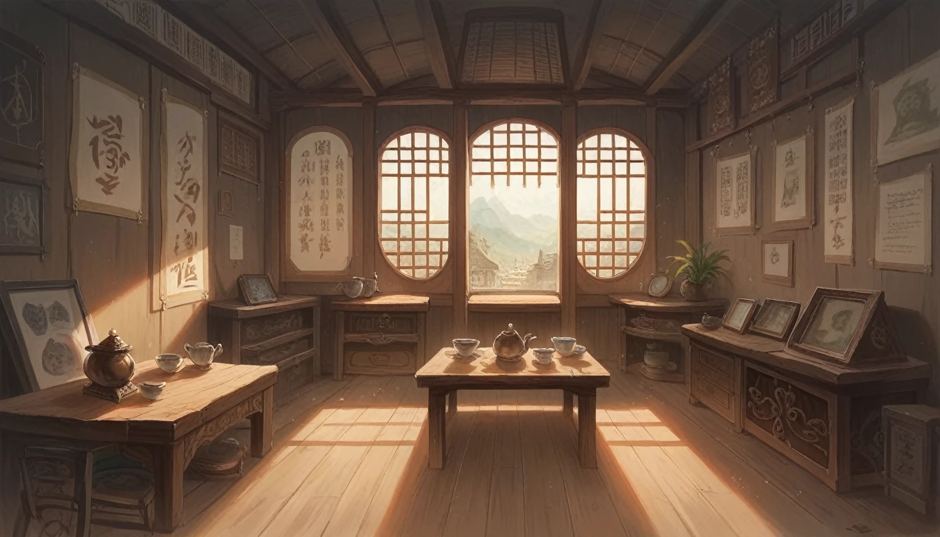 There is a table and two chairs in the room, There is another window。, Illustrations inspired by Dong Yuan, shutter, Folk Art, Interior Background Art, Traditional Korean interior decoration, Personal room background, Living room background, Ancient indoor tent background, Tea Ceremony Scene, Detailed scenery —width 672, Zen temple background, Room interior, Asian interior design, chiaroscuro, depth of field, cinematic lighting, god rays, best quality, UHD, highres, super detail