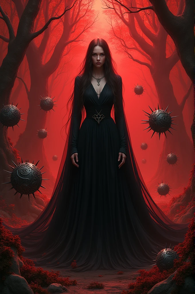 female deity in red forest with long black dress and protective spiked balls around her