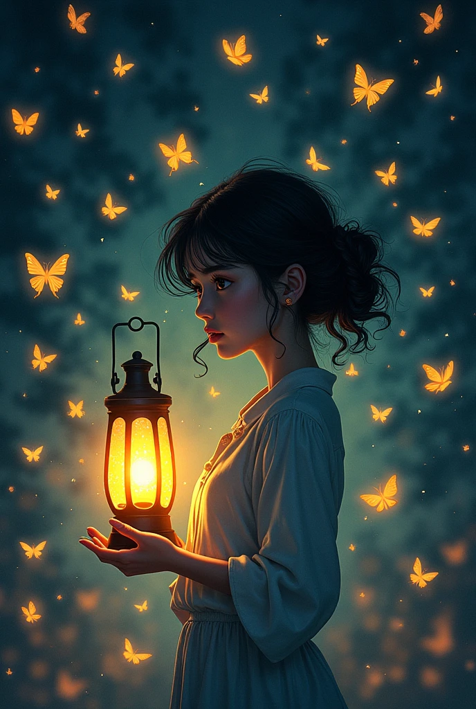 Young woman whose silhouette is lit by a lantern, surrounded by bright butterflies, style manga