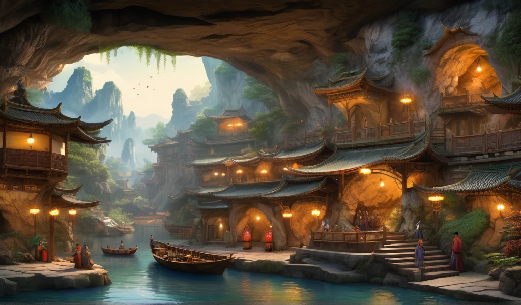 panoramic view painting of a river with a boat and a cave in the background, beautiful fantasy cave scene, medeival fantasy town, fantasy town setting, beautiful render of tang dynasty, highly detailed fantasy art, 4k fantasy art, detailed fantasy digital art