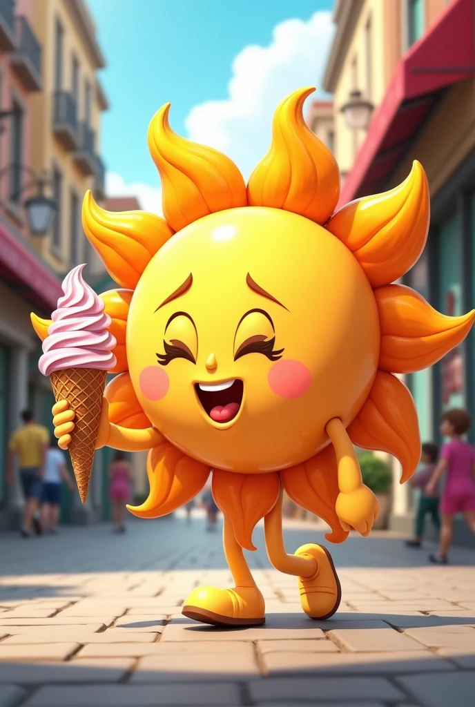 an animated sun eating ice cream in a cup walking down the street