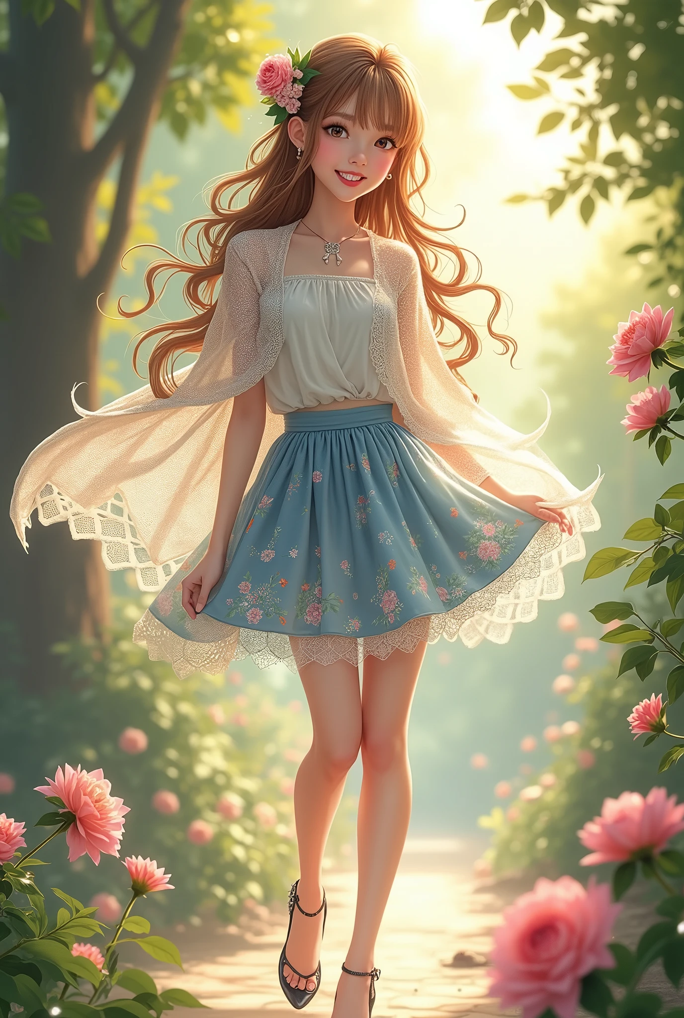Anime girl in a blue dress walking through a garden of flowers - SeaArt AI