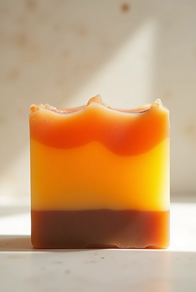 Design 4-layer soap, gradient color in 1 bar, square shape, first layer brown, second layer orange, third layer yellow, fourth layer transparent.