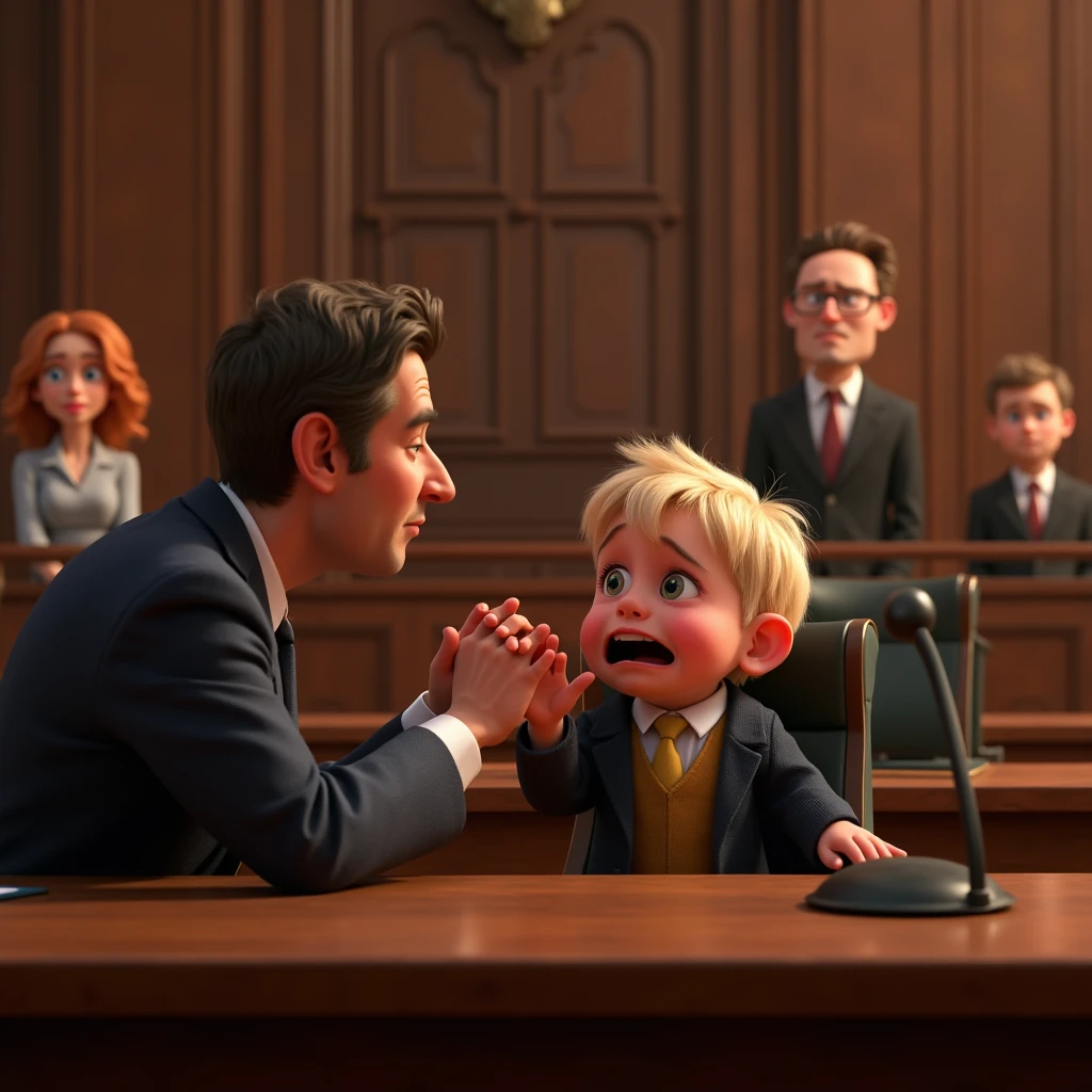Im Stil von Pixar 3D- The animated film. A baby with blond hair sits in the dock in court and cries and screams. A lawyer sits next to him and desperately holds his hand in front of his face.