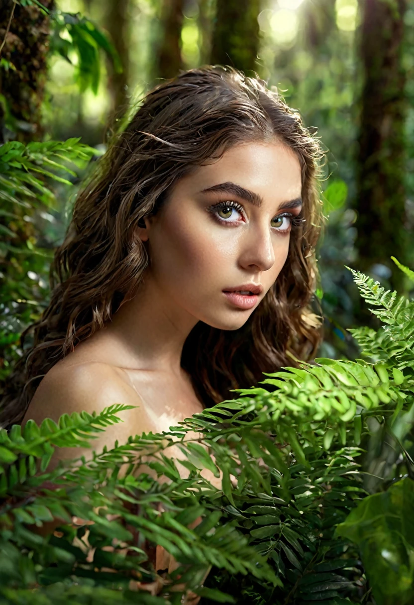 a girl in a forest,1girl,beautiful detailed eyes,beautiful detailed lips,extremely detailed eyes and face,long eyelashes,cinematic lighting,dramatic lighting,photorealistic,8k,masterpiece,(best quality,4k,8k,highres,masterpiece:1.2),ultra-detailed,(realistic,photorealistic,photo-realistic:1.37),intricate details,flowing hair,nature, lush greenery, sunlight filtering through leaves, camouflage, blending into the environment, mystical atmosphere, ethereal, dreamlike